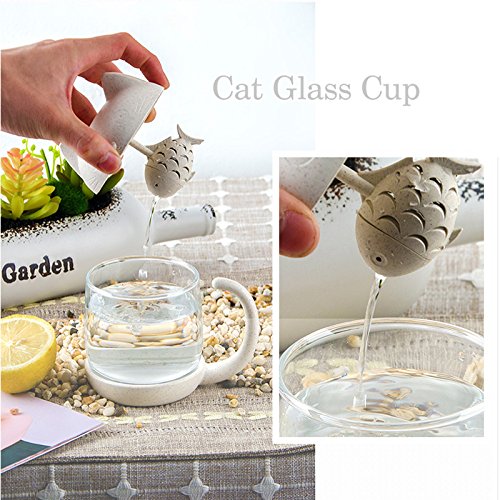 BigNoseDeer White Cat Tea Cup with Fish Infuser 8oz - Cute Mug for Loose Leaf Tea