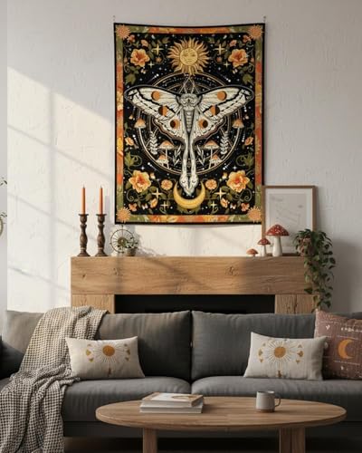 Vintage Orange Moth Tapestry - Boho Floral Mushroom Wall Hanging (30" x 40")