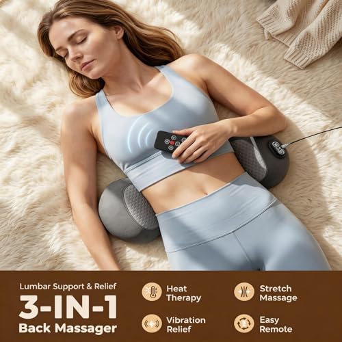 4-in-1 Lumbar Support Pillow Massager with Remote Control - Heat, Vibration & Stretching