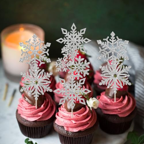 Rsstarxi 36 Pack Snowflake Cupcake Toppers – Silver Glitter Snowflake Picks for Christmas & Winter Parties (Design 6)