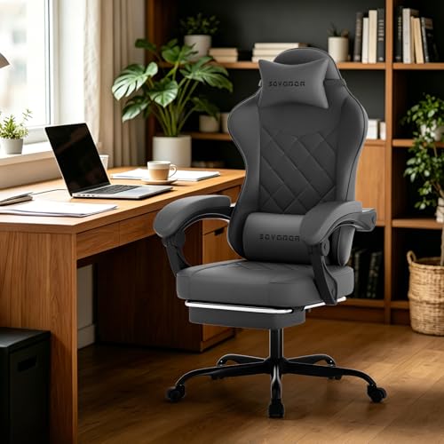 Ergonomic Gaming Chair with Footrest and Lumbar Support, Grey PU Leather