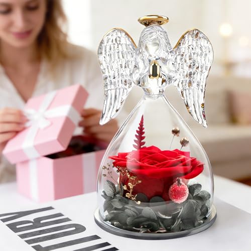 Preserved Real Rose in Glass Angel Figurine - Forever Flower Gift for Her