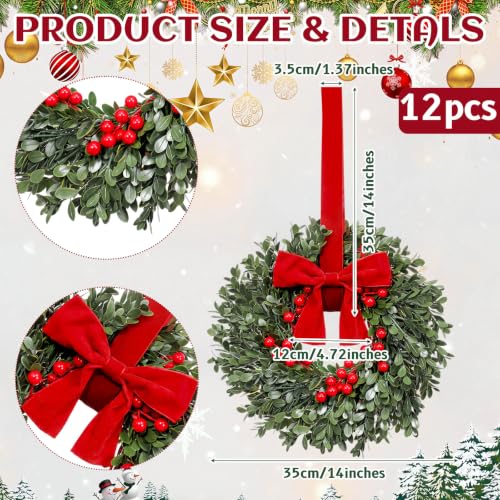 Dingion 12 Pcs 14'' Small Christmas Wreath for Cabinet Decoration with Bow - Set of 12