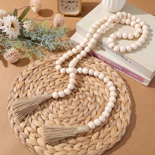 58-Inch Rustic Wood Bead Garland with Tassels, Boho Farmhouse Wall Decor