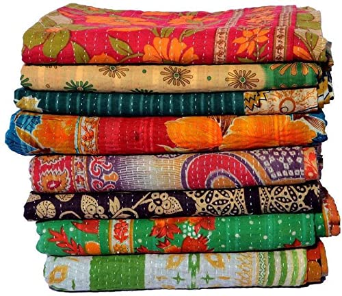 Handmade Indian Vintage Kantha Quilts - Reversible Cotton Blanket, Twin Size 85x55 Inches