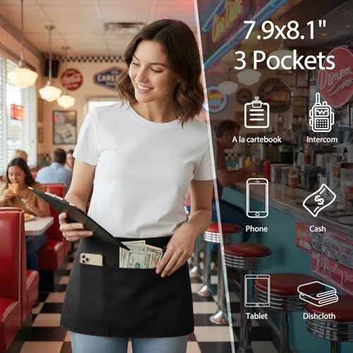 Waist Apron with 3 Pockets - Durable Black Server Apron for Waitstaff