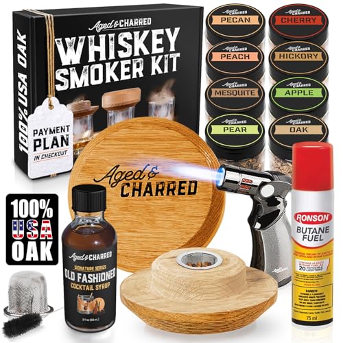 Aged & Charred Whiskey Smoker Kit Oak Wood with Butane & Syrup - Gift Set