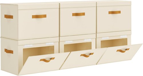 Homsorout Large Storage Bins - Front Opening Fabric Organizers with Lids, Collapsible 6-Pack in Beige