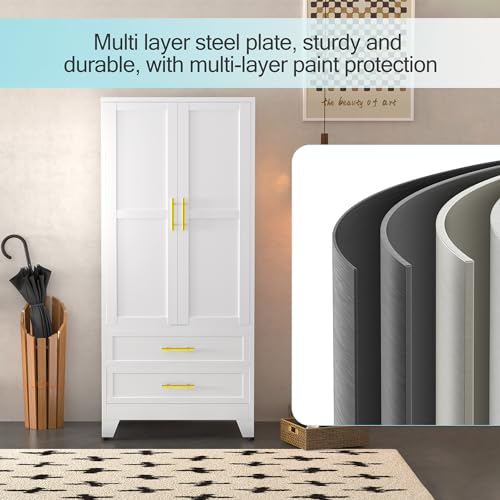 71-Inch Metal Wardrobe Closet with Hanging Rod, Adjustable Shelves and Drawers