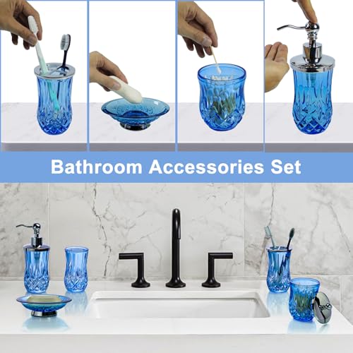 5-Piece Blue Glass Bathroom Accessory Set with Silver Pump and Holders