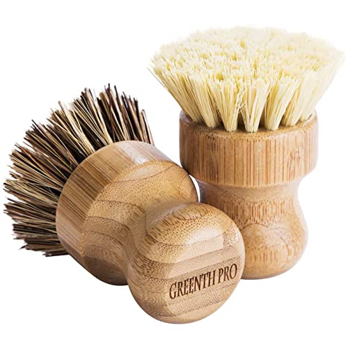 Natural Bamboo Palm Scrub Brush 3-Pack - Round Pot & Dish Scrubber Kit