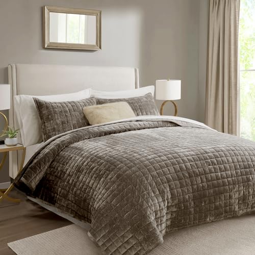 RECYCO King Size Velvet Quilt Set - Mocha Brown Bedspread Coverlet with 2 Shams