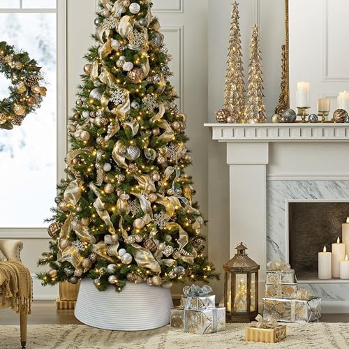28-Inch White Christmas Tree Collar - Woven Cotton Rope Base Cover for 6-7.5 ft Trees