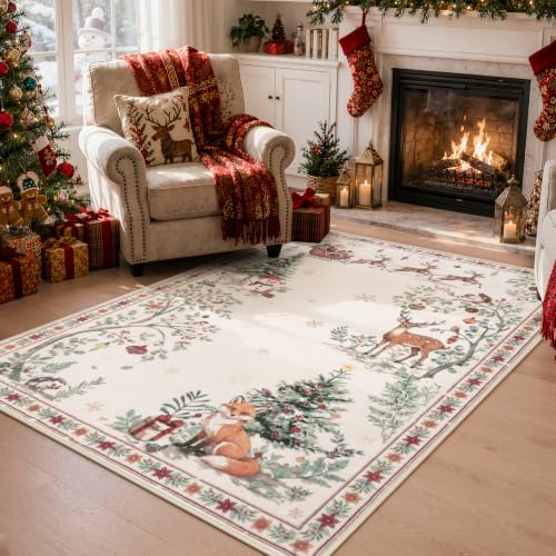 Beeiva 3' x 5' Beige Christmas Area Rug — Vintage Woodland Design, Non-Slip Backing