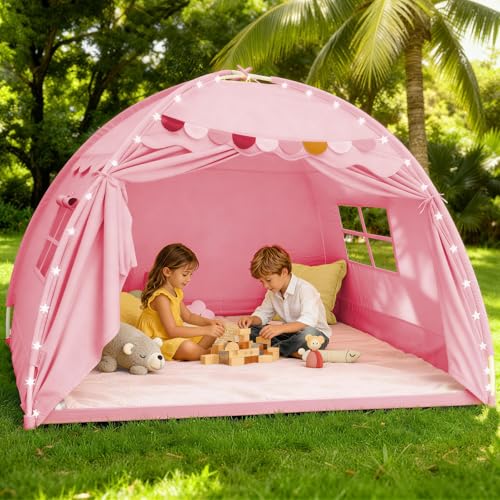 Indoor Twin Bed Tent Canopy for Kids with Star Lights & Flags, Pink