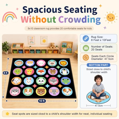 8x10 Classroom Seating Rug with 20 Animal Spots for Preschool Kids