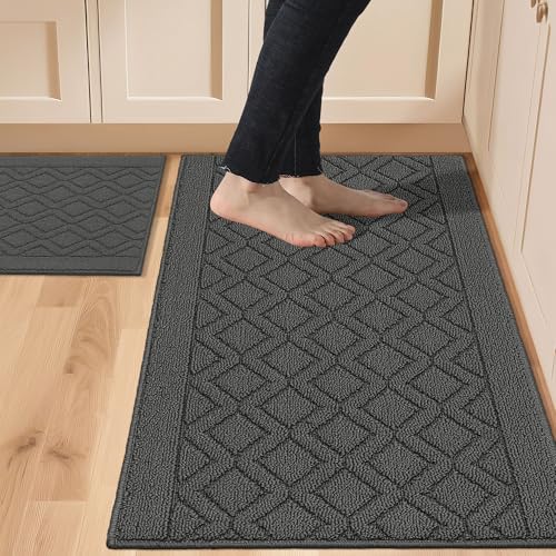 Non-Slip Machine Washable Kitchen Rug Set - 2 Piece Soft Grey Runner Mats