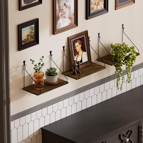 Rustic Paulownia Wood Floating Shelves - Set of 3, No-Drill Wall Storage
