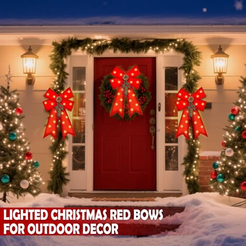 3 Pack Large Prelit Christmas Bows with LED Lights, Berries, Pinecones & Remote Control