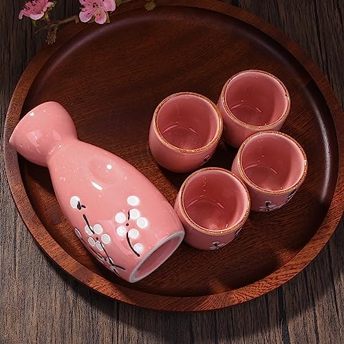 Pink Snow Plum Blossom Ceramic Sake Set of 5 with 4 Cups - Whitenesser