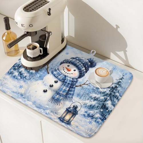 Kawani Blue Snowman Pine Tree Christmas Dish Drying Mat 18x24 Inch