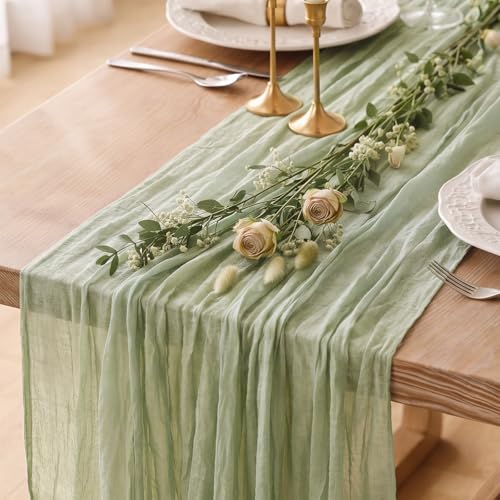 3 Pack Sage Green Cheesecloth Table Runner, 120-Inch Boho Wedding Decor
