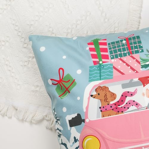 Bonhause Blue Pink Christmas Throw Pillow Covers 18 x 18 Inch Reindeer Snowman Xmas Trees Santa Snow Decorative Pillow Cases for Couch Bed Home Winter Holiday Decor Set of 4