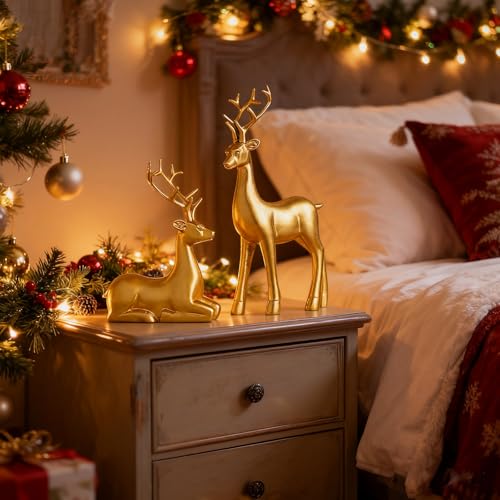 2-Piece Gold Reindeer Statue Set - Modern Resin Elk Holiday Home Decor