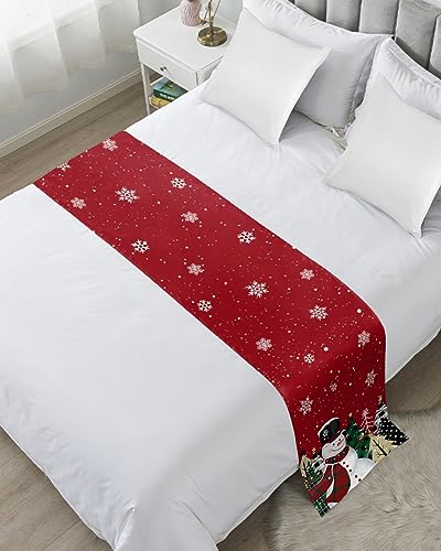 DecorLovee 83x20 Red Snowman Christmas Bed Runner for Queen Bed Winter Decor