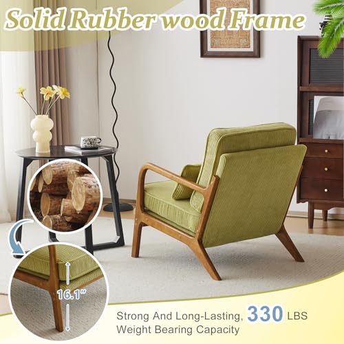 Mid-Century Corduroy Accent Chair with Lumbar Pillow and Solid Wood Arms