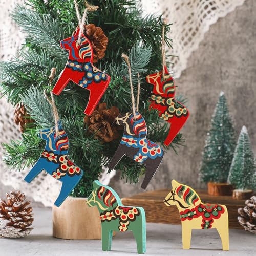 6-Piece Wooden Swedish Dala Horse Christmas Tree Ornaments, Vintage Style