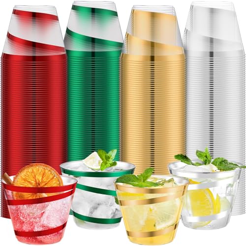 Plastic Swirl Rimmed Cups - 100 Pack, 9 oz, Red, Green, Gold, Silver