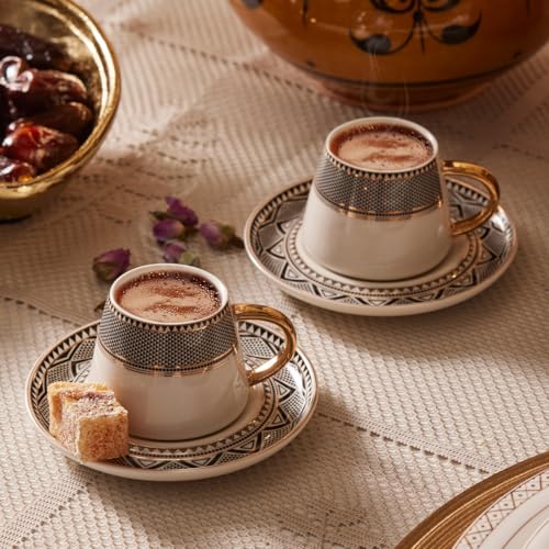 KARACA Globe Turkish Coffee Cup Set of 6 - 80ml Small Espresso Cups with Saucers, Gold Handles, Black Pattern, Porcelain, Ideal for Turkish, Greek & Arabic Coffee
