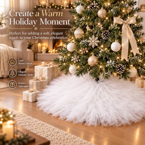 AISENO 36 Inch Fluffy Tulle Christmas Tree Skirt - Elegant Vintage White