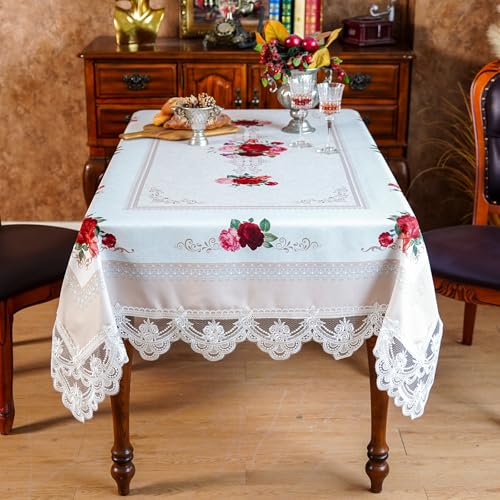 SUTAVIA Off-White 60 x 120 in Lace Embroidered Tablecloth, Rectangular Waterproof Polyester