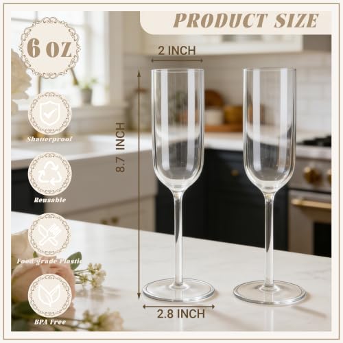 LEYIQU Clear Plastic Champagne Flutes Set of 24, 6 oz Reusable & Disposable
