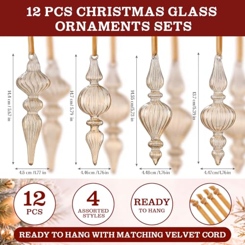 Sonwyoung Light Brown Vintage Glass Finial Christmas Ornaments 12 Pcs