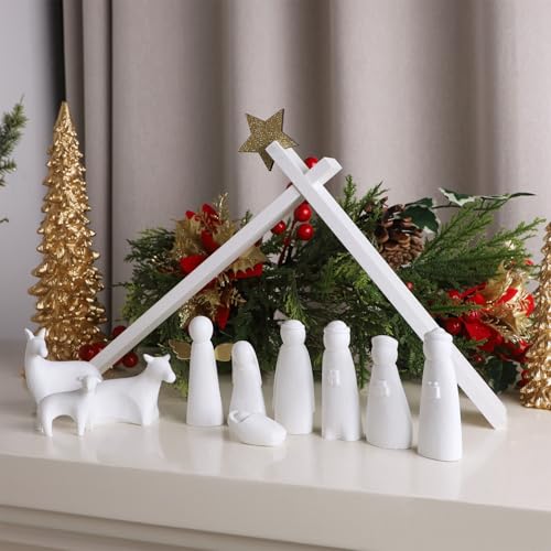 11-Piece Mini Christmas Nativity Scene Set - White Resin Holy Family Figurines