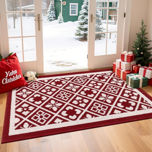 Ileading Christmas Indoor Doormat 32x48 Inches Washable Red Muddy Rugs for Dogs