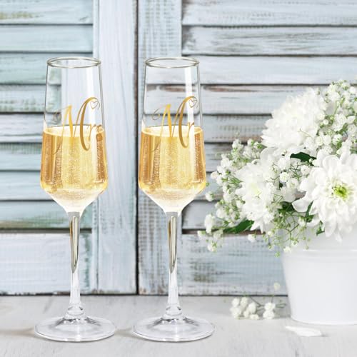 Mr and Mrs Champagne Flutes Set of 2 - Tall Hand-Blown Crystal Glassware