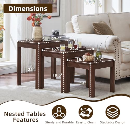 3-Piece Walnut Nesting Table Set, Rustic Farmhouse Side Tables