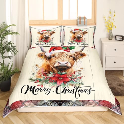 Castle Fairy Highland Cattle Bedding Set Queen Brown Beige – Duvet Cover 90x90 with Pillowcases, Zipper & Ties