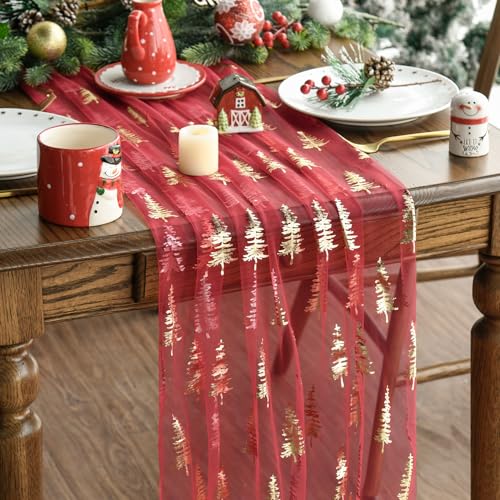 3PCS Red Gold Christmas Tree Gauze Table Runner 28 x 120 Inch Seasonal Holiday Decor