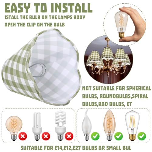 Gerrii 6 Pcs Scalloped Lampshades Green Plaid for Chandeliers – E12 Clip-On