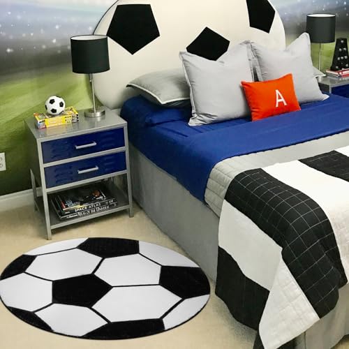 31-Inch Round Soccer Area Rug, Non-Slip Sports Bedroom Mat for Kids