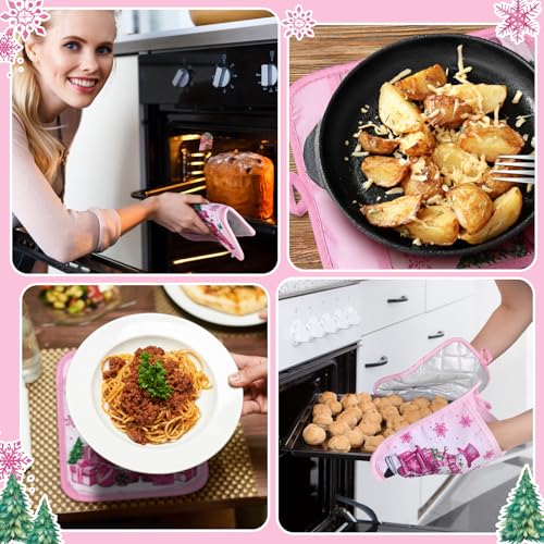 Jingmore Pink Christmas Pot Holders with Pocket, 12-Pack, Snowflake & Gnome Design, Heat Resistant Oven Gloves for Baking & Cooking