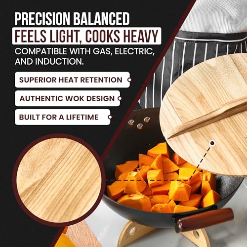 36cm Pre-Seasoned Cast Iron Wok with Wooden Lid & Dual Handles - Nonstick Chinese Stir-Fry Pan