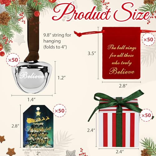 Kuabiz 50 Sets Christmas Believe Bells with Red Velvet Bags & Gift Boxes - Santa Sleigh Ringtone Ornaments