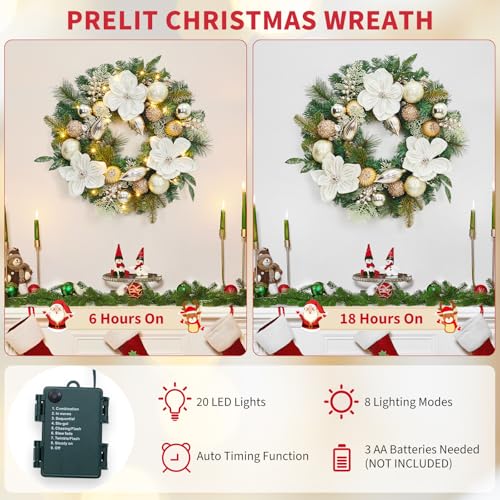 Garvee 24in White Gold Pre-Lit Christmas Wreath - 20 LED Lights, Battery Timer, Magnolia Flowers