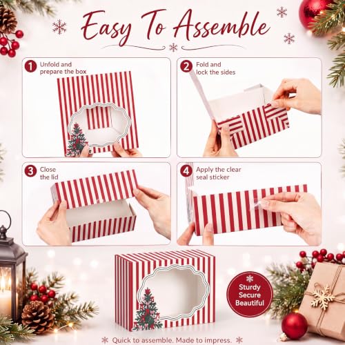 Eaasty 24 Pack Christmas Cookie Boxes with Window & Bows - Bulk Gift Packaging